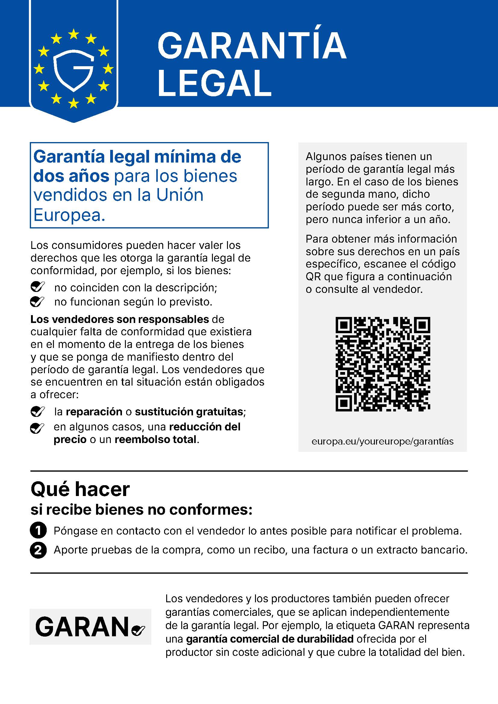 Aviso de la UE sobre la garantía legal: garantía legal mínima de dos años para los bienes vendidos en la UE